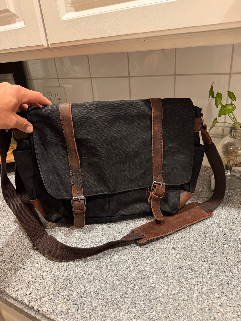 Men's Black Waxed Canvas Messenger Bag with Brown Leather Trim
